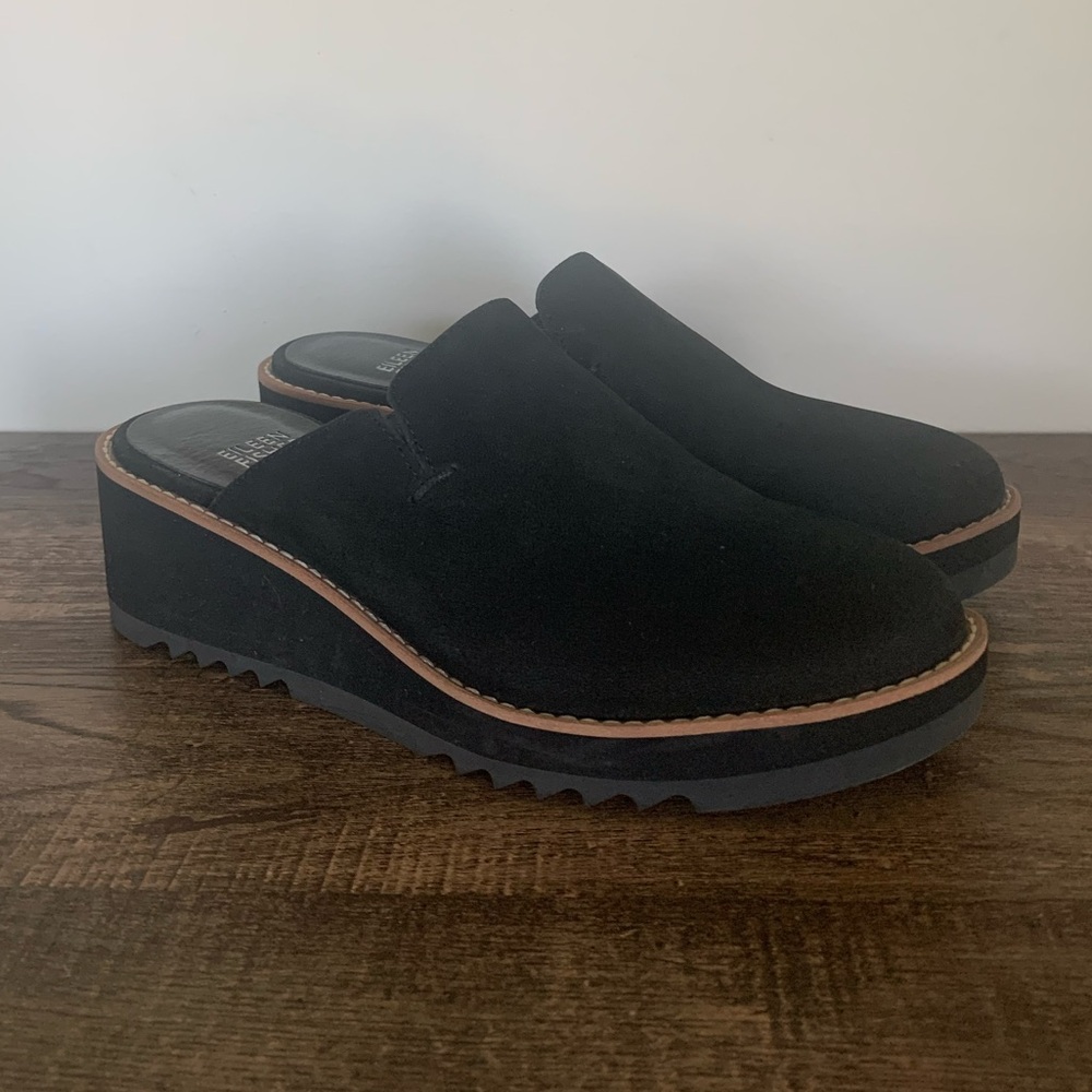 Eileen Fisher 6 Womens Nubuck Loti Clog Wedge Mule Black Nubuck Platform Exclent